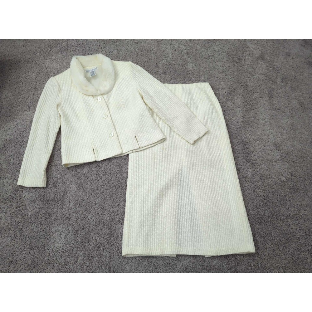 Vintage Jessica Howard Blazer Skirt Set Womens‎ 10 Ivory Fur Trimmed Collar 80s